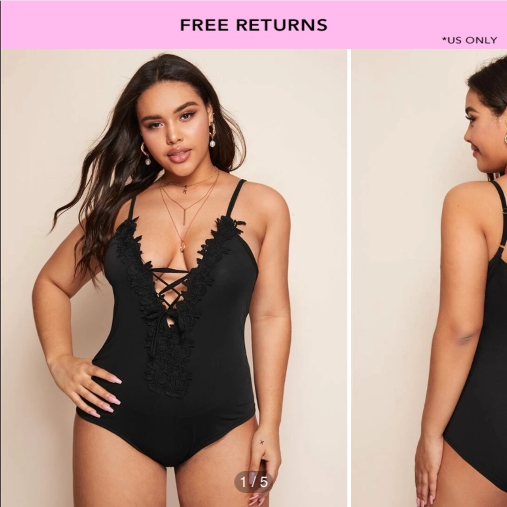 Shein Lace Trim Black Bodysuit 1XL